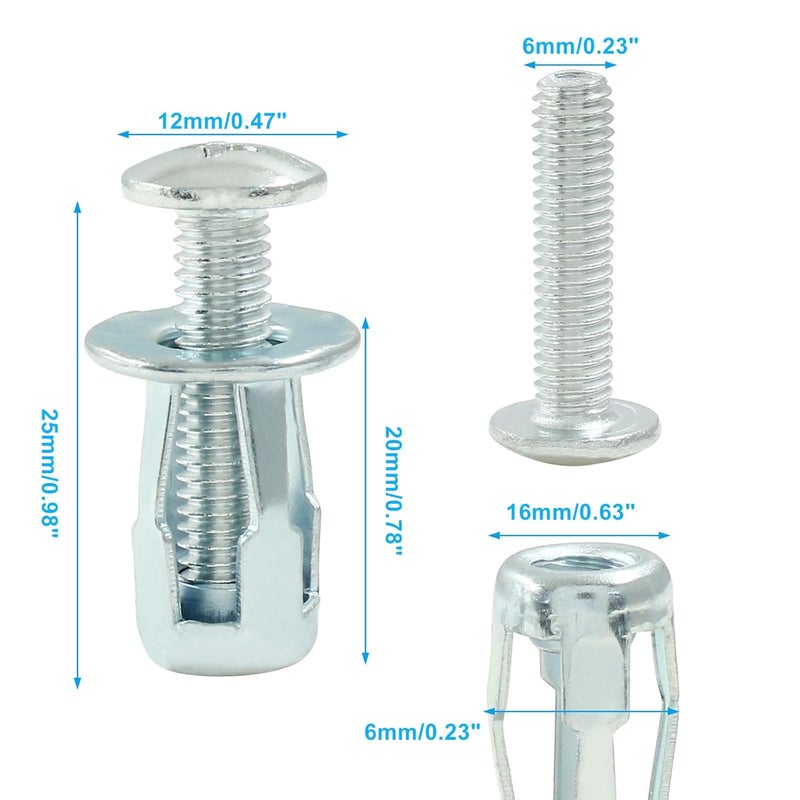 Dijedev 20 Pcs M6 x 25 Carbon Steel Hollow Wall Anchors, Extra Short, Silver, Galvanized, Hex Head Screws for Hollow Walls, Doors, Curtain Rods, Shelves - Image 2